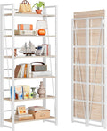 4NM No Assembly Folding Bookshelf, 6-Shelf 74" H Collapsible Foldable Bookcase Storage for Small Spaces, Natural White