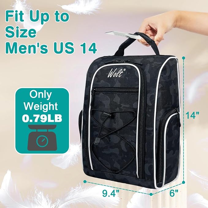 Wolt |Golf Shoe Bag for Travel- Zippered Shoes Carrier Bags with Ventilation & Double Outside Accessory Pocket for Socks, Tees, Golf Balls, Etc. for Women and Men (CamoBlack)