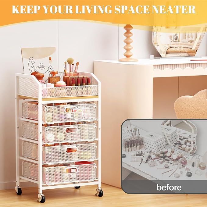 SUNALLY Rolling Makeup Cart Organizer with Drawers, 5-Tier Beauty Vanity Storage Cart for Skincare, Cosmetics, Nail Supplies and Bathroom Essentials, White