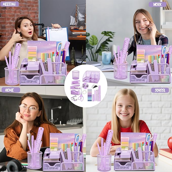 Purple Desk Accessories, 17Pcs Purple Office Supplies Set with Stapler, Mesh Desk Organizer, Tape Dispenser, Staple Remover, Pen Holder, Clips, Pens, Ruler, for Office Home School Women Students Gift