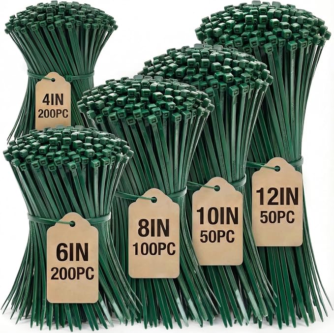 Zip Ties Assorted Sizes 4+6+8+10+12-Inch,600PCS Green Zip Ties,Multi-Purpose Self-Locking Nylon Cable Tie,Wire Tie Perfect for Home,Garden Trellis,Office,Garage and Workshop.