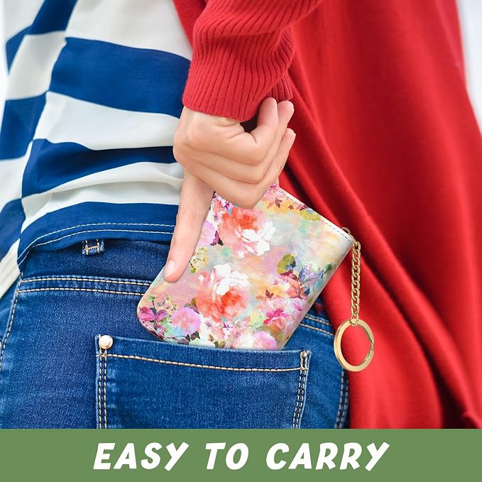 Aiawoxc Credit Card Holder for Women, Small RFID Wallet Slim Leather Card Organizer Case with Zipper Keychain, Watercolor Flower
