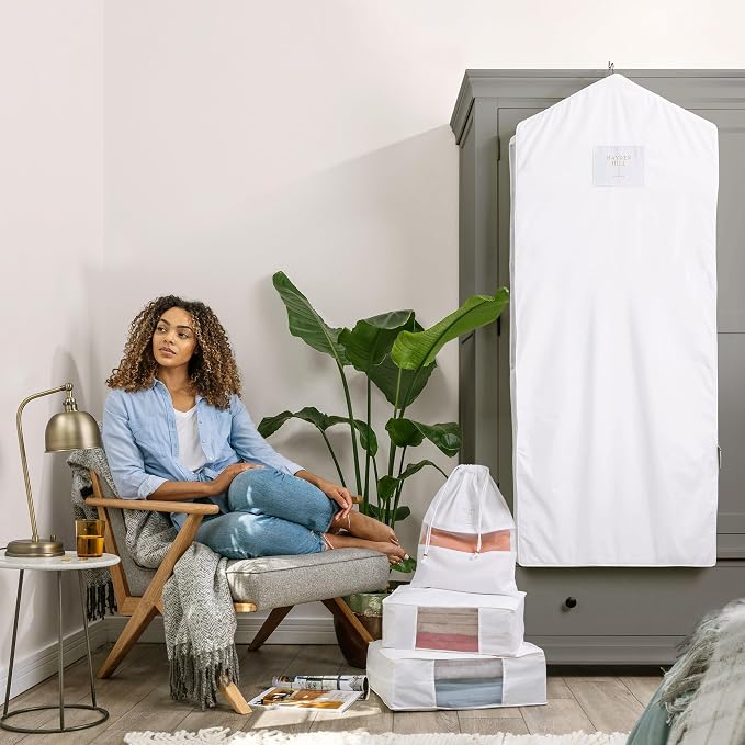 Hayden Hill Luxury Organic Cotton Garment Bag for Hanging Clothes Long 58" | Full Length Breathable Dress Bag, Moth Proof Hanging Storage Bag, For Closet Storage, Certified Carbon Neutral, White