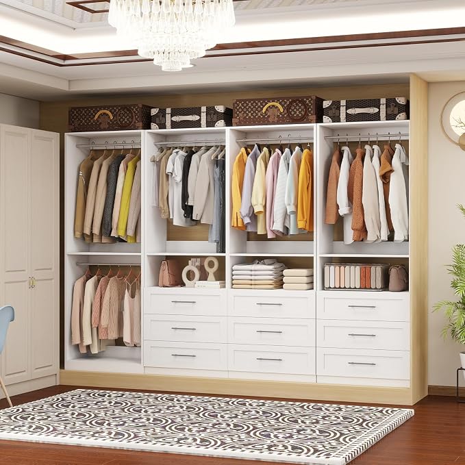 Closet System with 9 Drawers, 8FT-21FT Closet Organizer Systems with 9 Hanging Rods, Walk in Closet Freestanding Corner Closet System Modular Closet System Bedroom White 4 Sets(8FT)