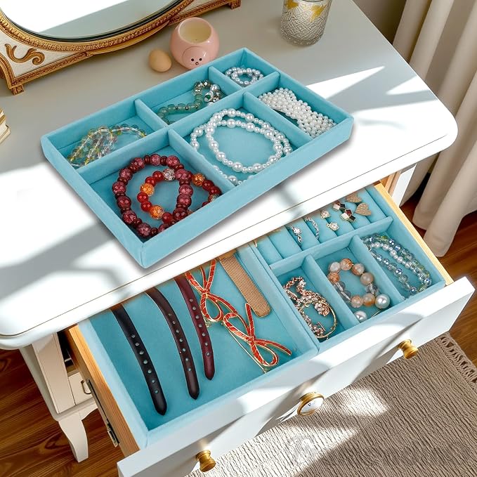 Framendino, 4 Pack Blue Velvet Jewelry Trays Stackable Organizer Drawer Inserts Container Display Case for Bracelets Necklaces