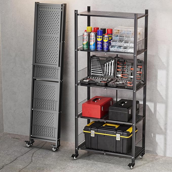 Heavy Duty Folding Shelves No Assembly, 5 Tier Metal Foldable Storage Shelves with Wheels, 220LBS Per Shelf Collapsible Rack for Garage Storage, Black