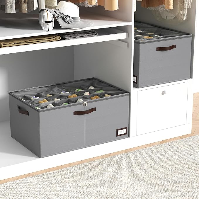 OIAHOMY 2 Pack Shoe Organizer for Closet, Large Foldable Shoe Storage Bins with Dividers and Reinforced Handles, Each Clear Cover Sneaker Box Fits Up to 24 Pairs for Entryway and Bedroom, Grey
