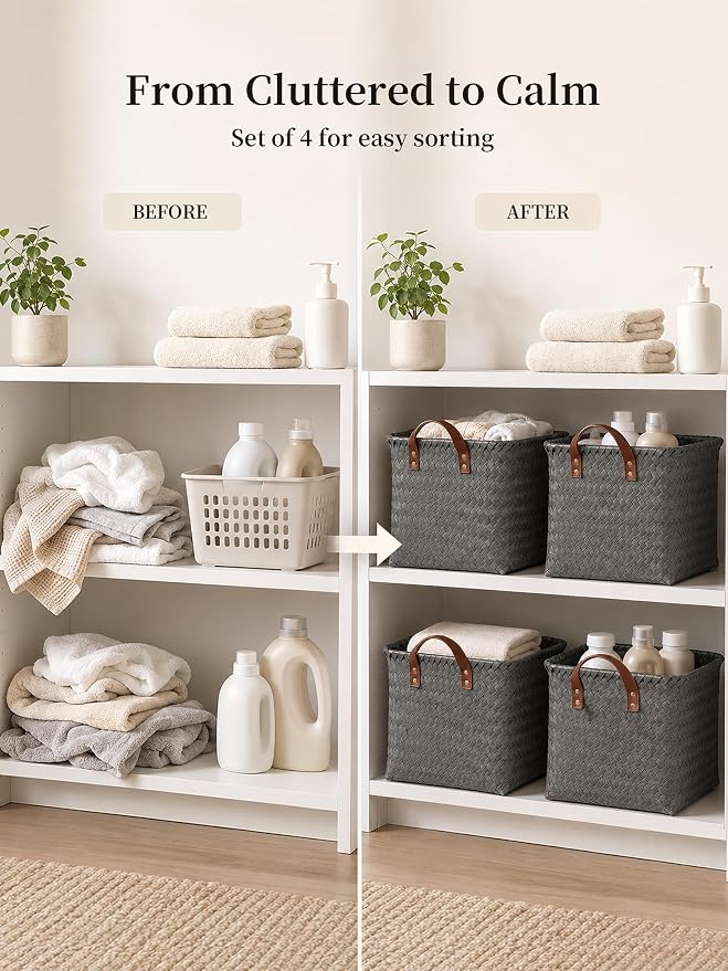 Hand Woven Baskets for Storage, 4Pcs Water-Resistant Wicker Baskets, Grey Wicker Storage Baskets for Shelves, Large Basket with Handle for Organizing, Clothes, Laundry, Blanket - Square