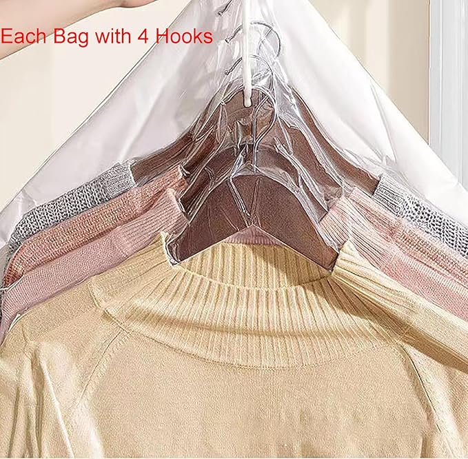 Hanging Vacuum Storage Bags with Pump, 4 Pcs 4 Hooks 43.3 Inch x 27.6 Inch PE Compression Down Jackets Arrange Bags for Saving Closet Space (Medium)