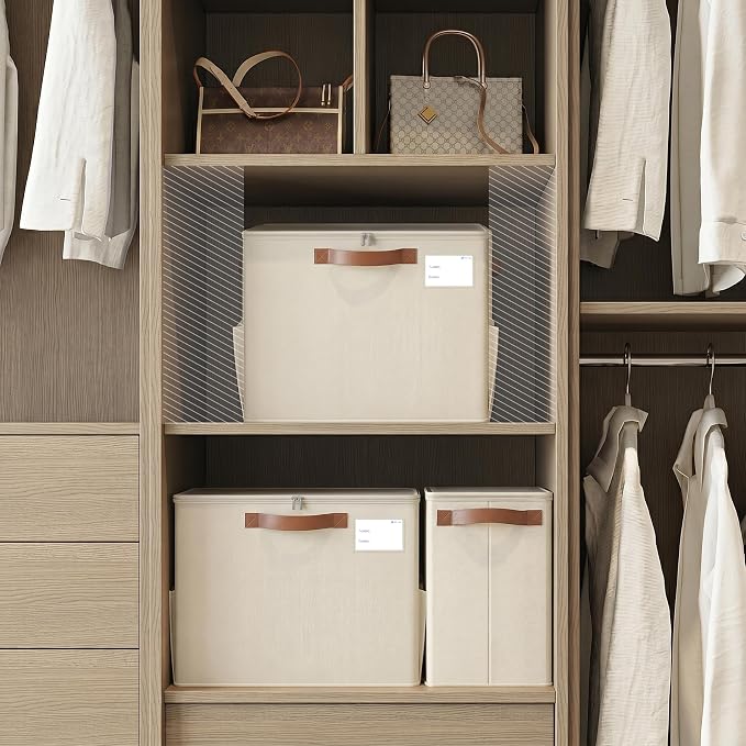 Varhomax Shoe Organizer Box for Closet, Fabric Shoe Storage Bin with Adjustable Dividers & Clear Cover, Holds up 16-32 Pairs of Sneakers & Sandals for Entryway, Cubby, Beige 2 Pack