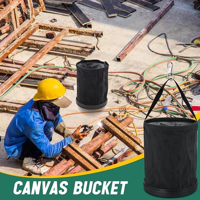 1 Pack Canvas Bucket 15" x 12" Heavy Duty Lineman Tool Bag with Plastic Bottom & Metal Hook Electrician Tool Organizer for Jobsite Use, Load Rated up to 150 Pounds (Black)