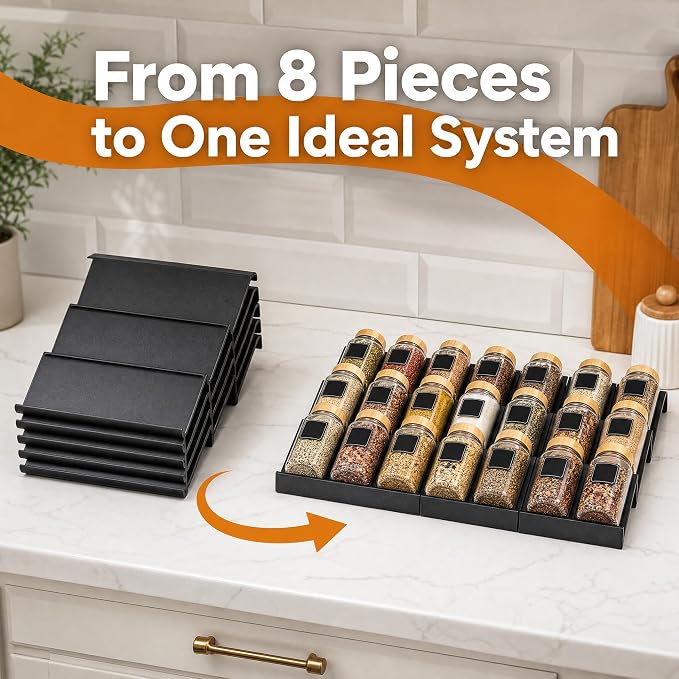 8 Pack Spice Drawer Organizer, Expandable Spice Seasoning Rack Organizer Tray Insert Holds up to 32 Jars (Jars Not Included)