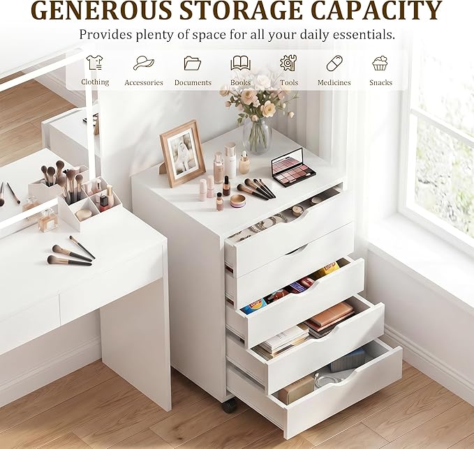 5 Drawer Rolling Storage Cabinet, Mobile File Cabinet for Office, White | Rolling Storage Cabinet with 5 Drawers for Desk Drawer Organization, Home Office Storage and Printer Stand