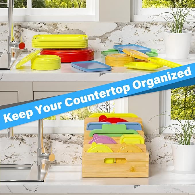 Kiasthome Bamboo Lid Organizers Inside Cabine, Kitchen Cabinet Organizer with 5 Adjustable Dividers, Food Container Plastic Holders for Drawer Pantry, Nature