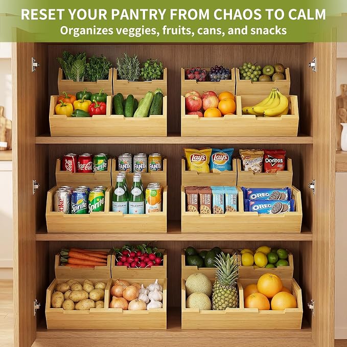 Bamboo Pantry Storage Bins, Potato and Onion Storage Bin for Countertop, Pantry Organizers and Storage Bins for Vegetables