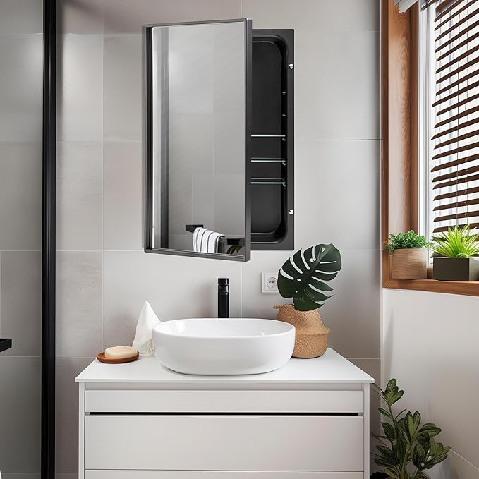 Head West Brushed Black Recessed Medicine Cabinet Mirror 16" x 26", Bathroom Wall Mount Storage Organizer with Glass Shelves