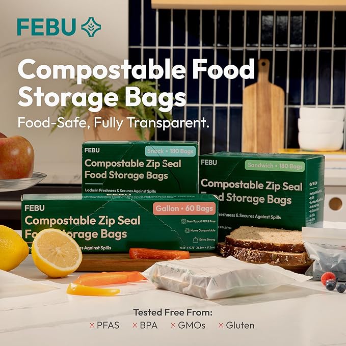 FEBU Snack Compostable Food Storage Bags, 180 Count | Certified Home Compostable & Biodegradable | PFAS & BPA Free Zipper Bags | Leak-Proof & Resealable | 6.5"x 3.25"