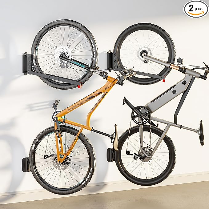 monTEK No-Lift Swivel Bike Wall Mount, Bike Hangers for Garage, 2 Pack | Space-saving bike storage rack pivots 120°; 4 settings fit 16-29 in wheels and tires up to 3.54 in wide; holds 77 lb each