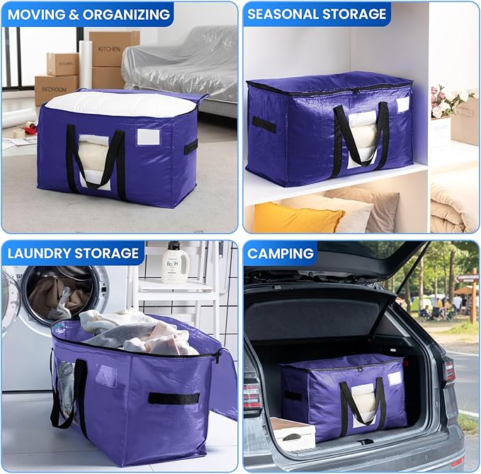 TAILI 12 Pack Dark Blue Extra Large Moving Bags, Heavy Duty Totes with Visible Window, Wrap Around Handles, Great for Space-Saving