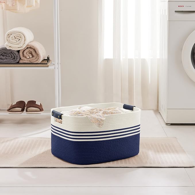 45L Small Woven Laundry Basket Hamper with Leather Handles,Navy | 18"x14"x11", collapsible wicker hamper, storage for dirty clothes, toys, blankets, gifts, living room, bedroom, bathroom