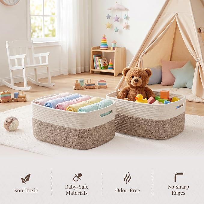 5-Pack Large Woven Rope Storage Baskets, 2 Sizes Organizer Bins | Fabric Cube Boxes and Rectangular Shallow Bins for Closet, Shelf, Bookshelf, Nursery, Changing Table, Bathroom, Toys & Home
