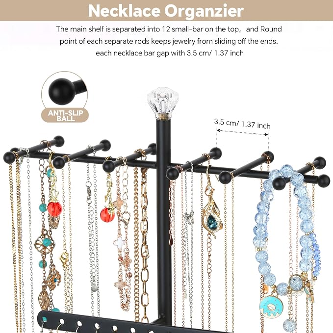 Meangood Jewelry Organizer Stand, 3-Tier Necklace Holder Jewelry Tree with Wooden Storage Drawer Box for Necklace Bracelet Earring Ring,White