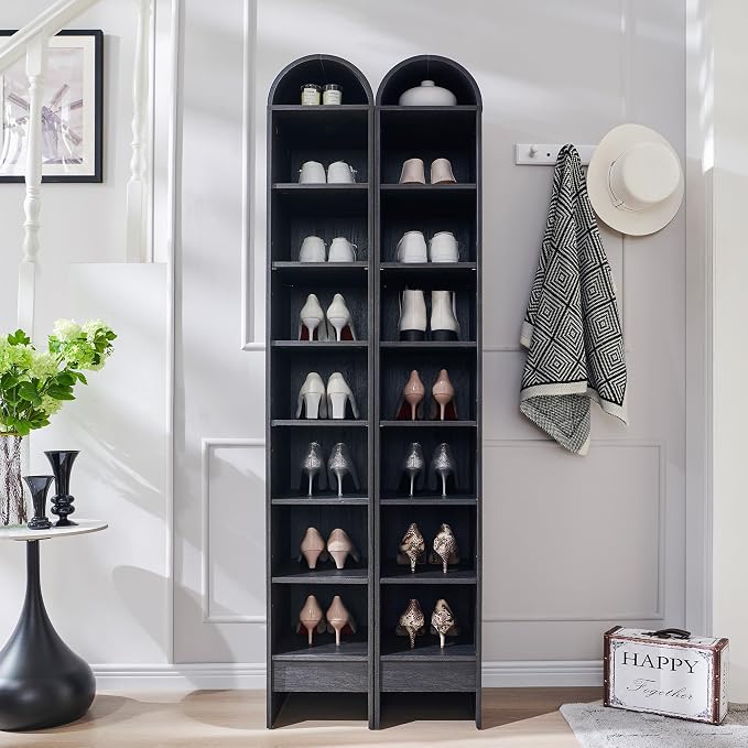 IFGET 67" Tall Arched Shoe Storage Cabinet, 8-Tier Wooden Rack with 3 Adjustable Shelves, Freestanding Closet Shelf Organizer for Entryway, Hallway, Living Room (Dark Grey)