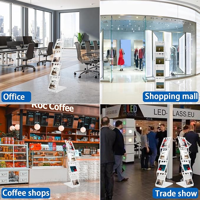 Foldable Brochure Display Stand with Carrying Bag, Literature Stand 4 Tier | Literature Rack for Trade Shows, Exhibitions, Office, and Retail Stores. Sturdy, Portable, and Easy to Assemble, White Finish