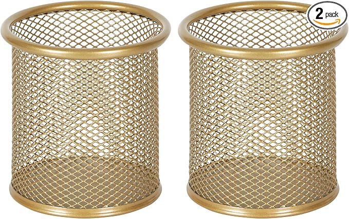EasyPAG Pencil Holder for Desk, 2 Pack Metal Pen Organizer, Mesh Pencil Cup Organizer for Home, Office, Classroom, School,Gold