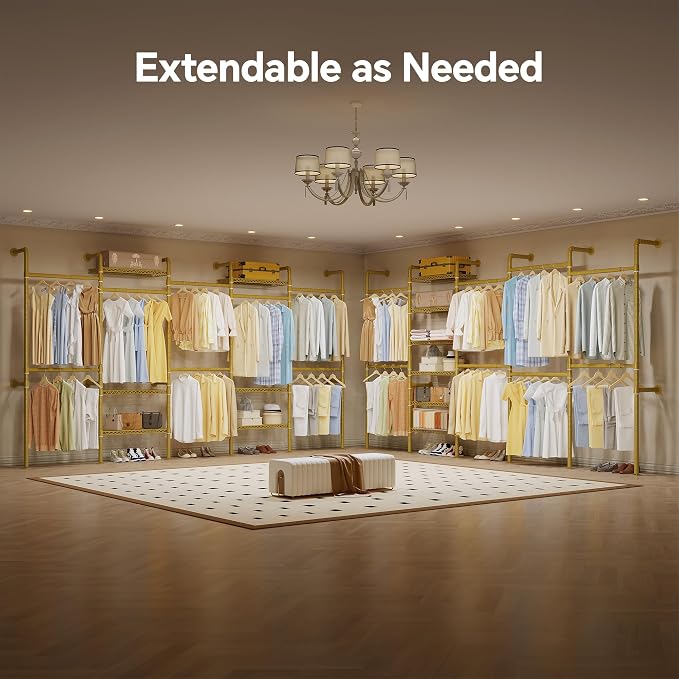 Higeego W5 Adjustable Clothing Rack, Wall Mounted Closet System Expandable Clothes Rack Adjustable Shelves, Heavy Duty Pipe Wardrobe for Walk-in/Reach-in Closet, 9-12 ft Wide 1300LBS Load, Gold