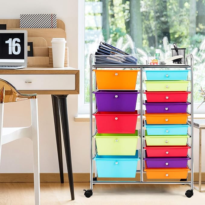 DREAMADE Rolling Cart with 15 Drawers, Rolling Drawer Organizer Cart w/Lockable Wheels, Removable & 2-Sized Storage Drawers, Art Cart for School Home Art Supplies Crafts File Scrapbook (Multi-color)