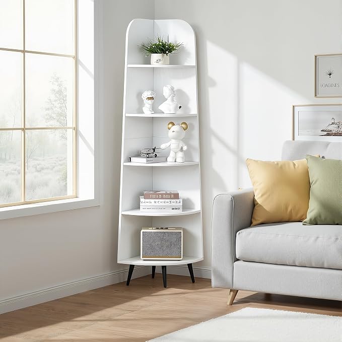 VECELO 5-Tier Curved Corner Shelf, 66.93" Tall Freestanding Corner Bookshelf, Wood Grain Narrow Corner Storage Display Rack with Wooden Legs for Living Room Bedroom Small Space, White