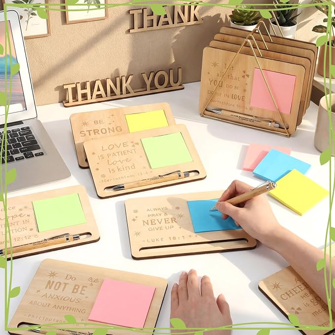 Kosiz 10 Set Back to School Teacher Christian Gifts Bulk Wooden Sticky Note Holder with Notes and Ballpoint Pens Christian Thank You Gift for Teacher Team Employee Office Supplies