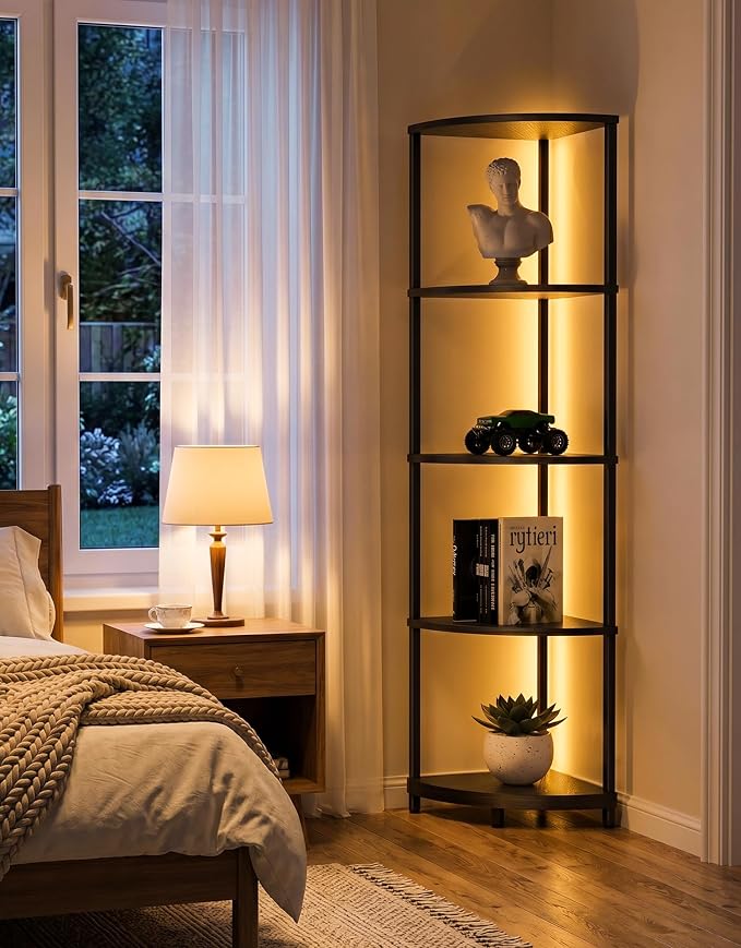 PARTPHONER Corner Shelf with LED Light, 5 Tier Smart Color Changing Floor Lamp with Remote, 62" Display Shelf Bookshelf Narrow Storage Rack Standing Lamp for Living Room Bedroom Home Office Décor