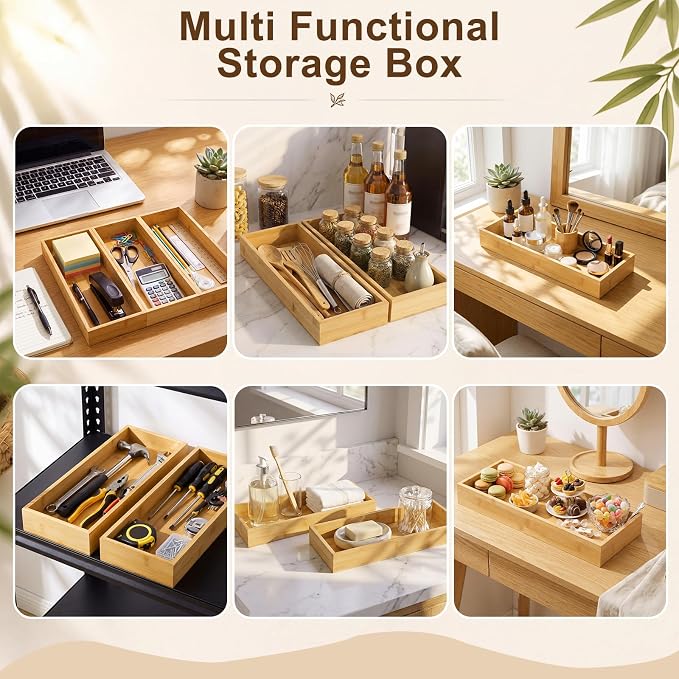 4 Pcs Bamboo Drawer Organizer Stackable Utensil Organizer for Kitchen Bamboo Storage Box Wood Silverware Tray for Drawer, Dresser, Bathroom (15" X 6" X 2")