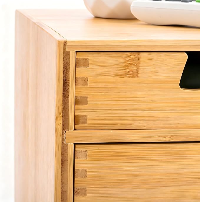 DEAYOU Bamboo Desk Organizer, 100% Natural Bamboo Desktop Drawer Organizer, Tabletop Storage Cabinet Organization Box with 4 Drawers for Makeup, Letter, Home Office Supplies, 3-Layer, Fully Assembled