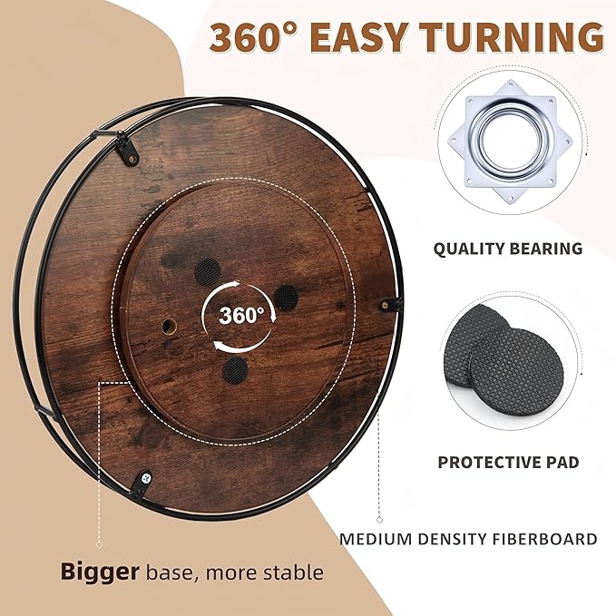 12" Rustic Brown Wood Lazy Susan,360° Decorative Turntable for Countertop