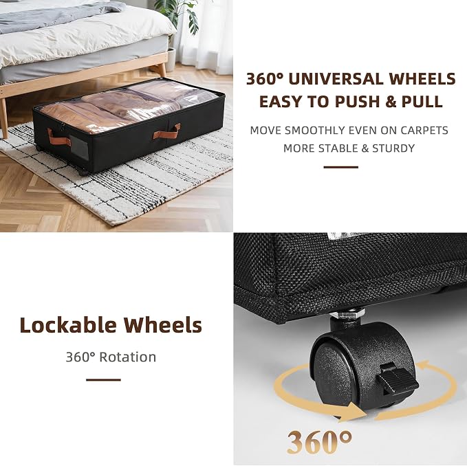 VECELO Under Bed Storage with Wheels, 2 Pack Fully Enclosed Zippered Dust Cover Bins with Clear Lids, Metal Frame and Ultra Thick Fabric Underbed Storage Organizer, Shoe Storage Box, Black
