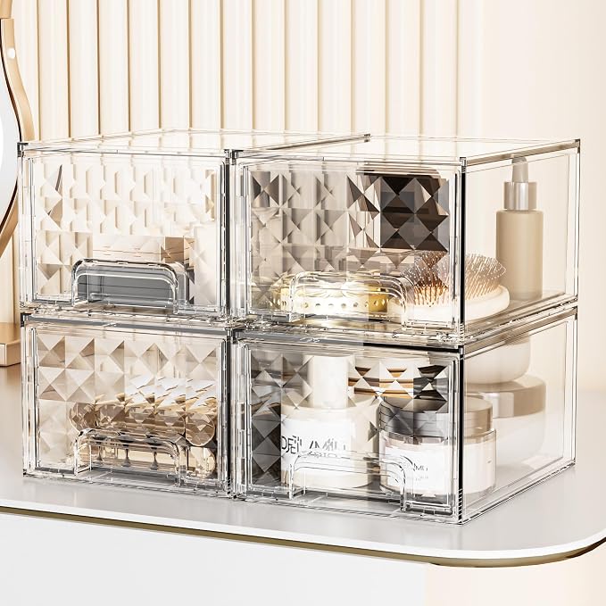 Delamu Stackable Storage Drawers, Makeup, Baby Bottle and Bathroom Cabinet Organizer, Plastic Drawer Organizer for Undersink, Cabinet, Vanity, Kitchen, Pantry, Ideal Gifts for Women, Clear, 4 Pack