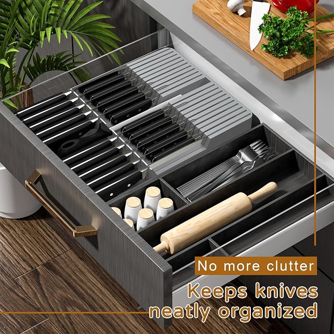 NIUXX Knife Drawer Organizer, Large Capacity In-Drawer Knife Block Set Holds 20 Knives and 1 Sharpening Steel (Not Included), Suitable for Knife Organizer for Kitchen Drawer