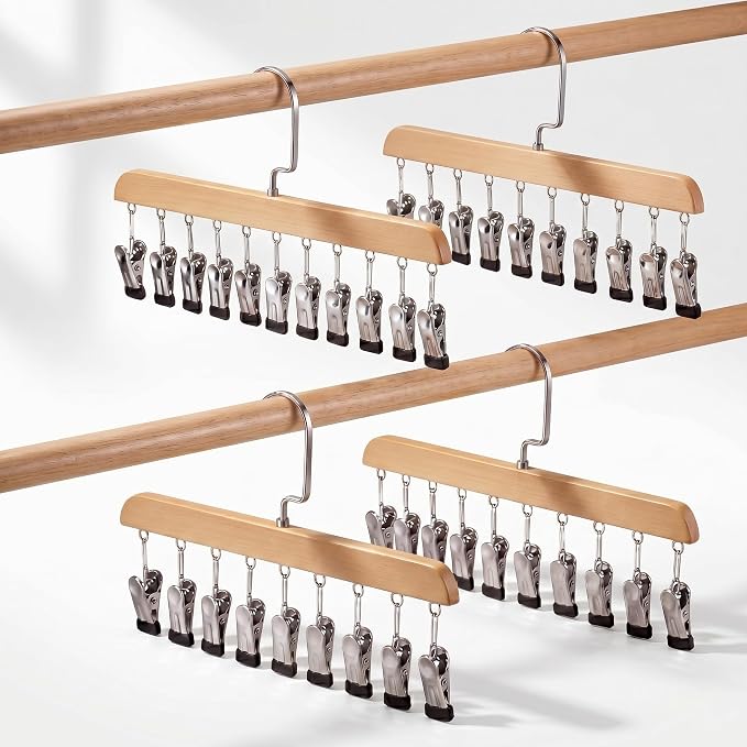 Novabright 4 Pcs Closet Organizers with 10 Clips Hat Pants Scarf Socks Hangers Wood Space Saving Rotating Hanging Hangers Clothespins with Padded Clips for Leggings Bra Tie Belt Jeans Skirt (Wood)