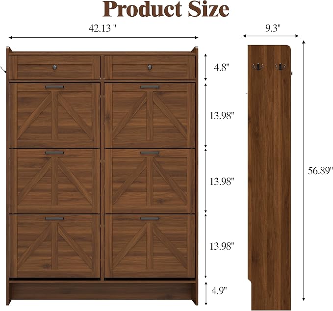 Thacuok Shoe Cabinet with 6 Flip Drawers & 2 Storage Drawers, Rustic Farmhouse Narrow Shoe Organizer Cabinet, Slim Shoe Rack Cabinet, Shoe Storage Cabinet for Entryway, Hallway, Front Door