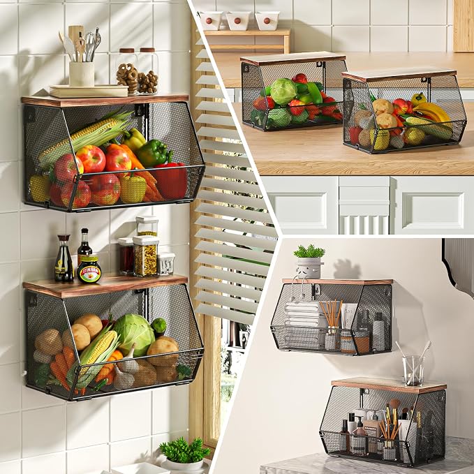 Stackable Fruit Basket for Kitchen Countertop Space Saving, Wall Mounted Mesh Metal Wire Basket with Wood Lid Extra Storage, 2 Pack Kitchen Counter Organizer for Snack, Onion and Potato Storage, White