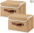 2PCS Storage Bins Box with Lids Decorative Natural Jute Baskets | Foldable Washable Stackable Lidded Clothing Container, Shelf Closet Organizer, w/ PU Leather Handles & PP Boards, Small