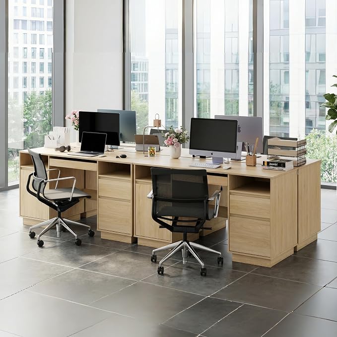 FUNKOCO 58" Modern Executive Desk with Drawers, Office Desk with File Drawer & Open Storage & Power Outlet, Keyboard Tray, Wooden Computer Desk for Home Office & Studio