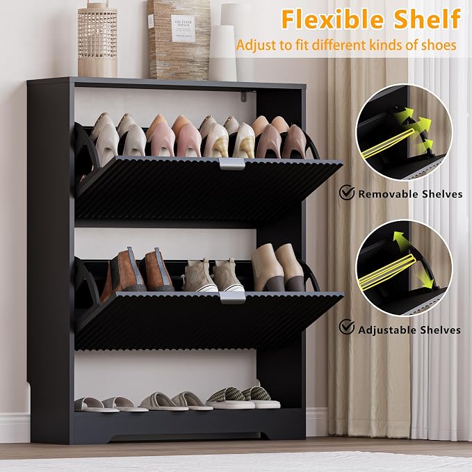 BORNOON Shoe Cabinet with 2 Flip Drawers, Fluted Shoe Storage Cabinet with Adjustable Shelves, Freestanding Rack and Organizer for Entryway, Closet, Hallway