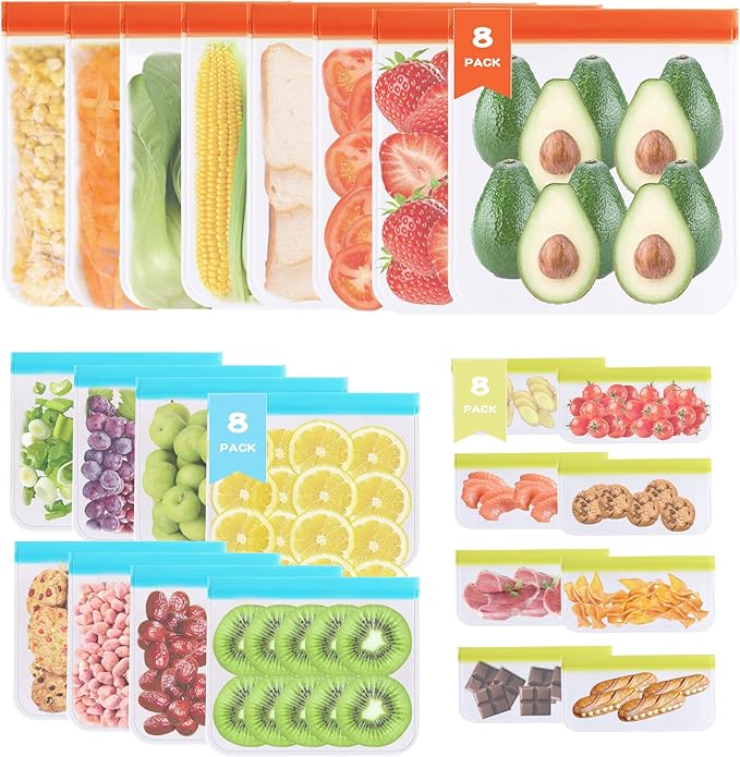Food Storage Freezer Bags- 24 Pack Leakproof (8 Reusable Gallon Bags + 8 Reusable Sandwich Bags + 8 Reusable Snack Bags) for Meat Fruits and Vegetables.