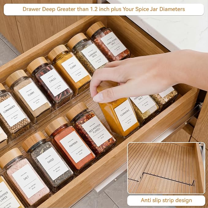 LETGO 4 Pack Adjustable Spice Rack for Drawer - 9" to 17.7" Expandable Spice Drawer Organizer 4 Tier Acrylic Seasoning Organizer Rack,Clear Spice Rack Tray for Spices,Condiment,Nail Polish and Jar (4)