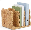 Novabright Scalloped Water Hyacinth Magazine Holder, Wicker Rattan File Organizer, 3 Vertical Compartments Desktop Paper Sorter for Binders, Notebooks, Envelopes, Woven Boho Office Desk Organizer