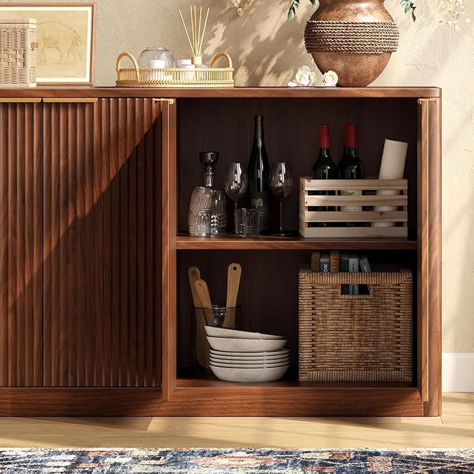 Evermagin 67" Fluted Walnut Buffet Cabinet with Storage | Mid-Century Modern Wood Sideboard, Large Credenza With 6 Doors for Kitchen or Living Room, 67"W x 31.5"H x 15.7"D